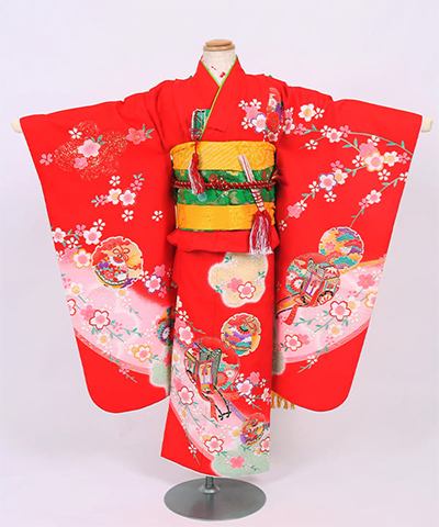 七五三(七歳) |赤地に梅と御所車