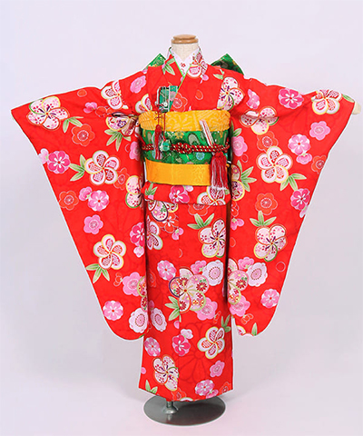 七五三(七歳) |赤地に梅と花風車