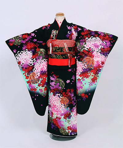 七五三(七歳) |黒地に大輪の菊と鞠