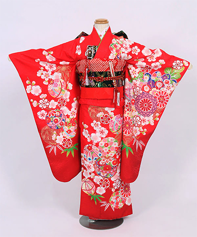 七五三(七歳) |赤地に菱地紋 鞠と季節の花