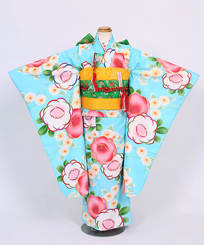 七五三(七歳) |水色地に桃の花と雛菊