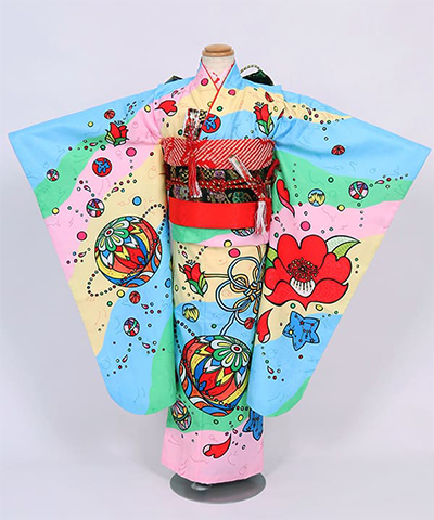 七五三(七歳) | ポップカラーに椿と鞠文様