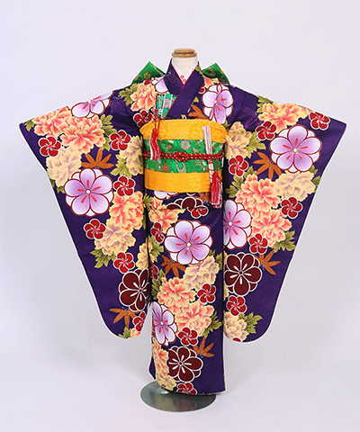 七五三(七歳) |紫地に芍薬と花風車