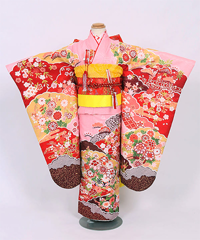 七五三(七歳) |ピンク地に雲取りと祝い松