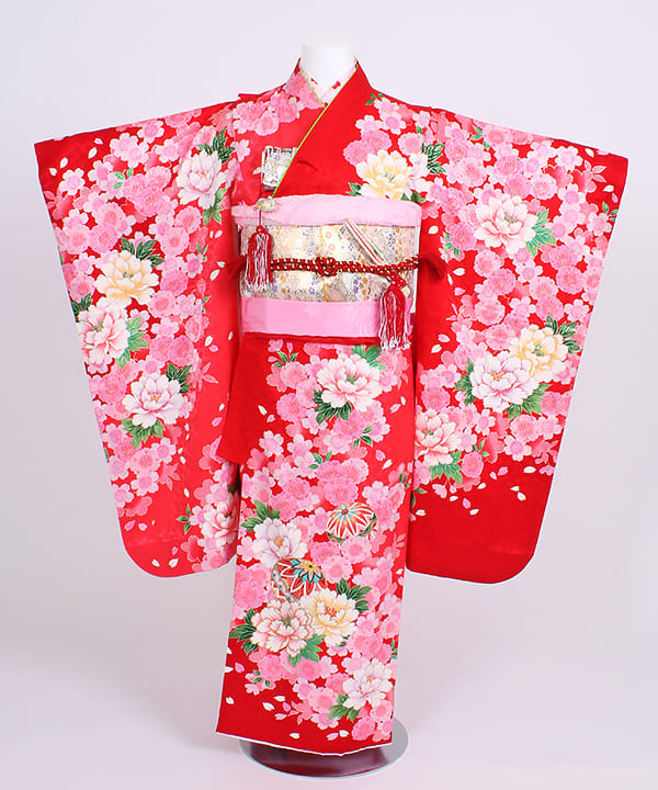 七五三(七歳) | 正絹 赤地 八重桜と芍薬
