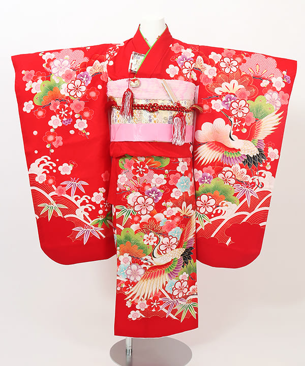 七五三(七歳) | 正絹 赤地 鶴と松竹梅