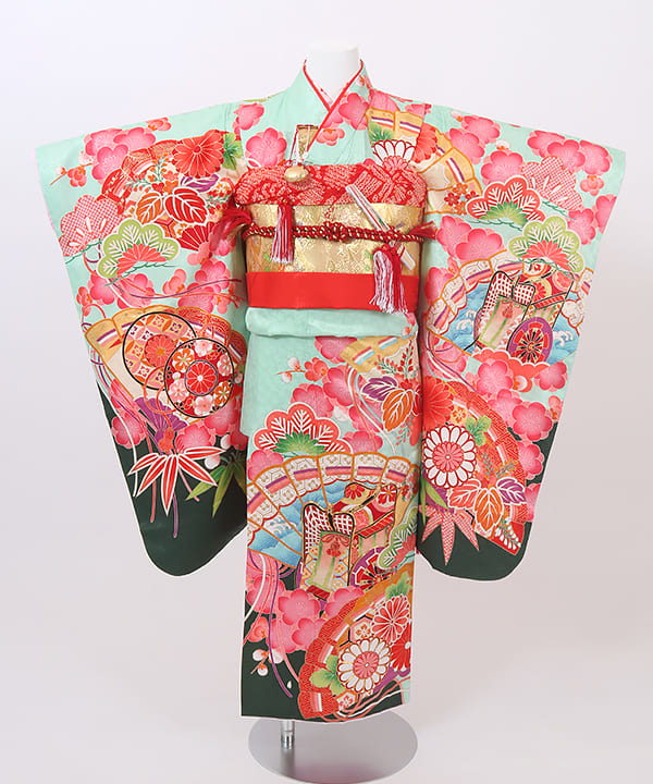 七五三(七歳) | 正絹 水色 御所車と松竹