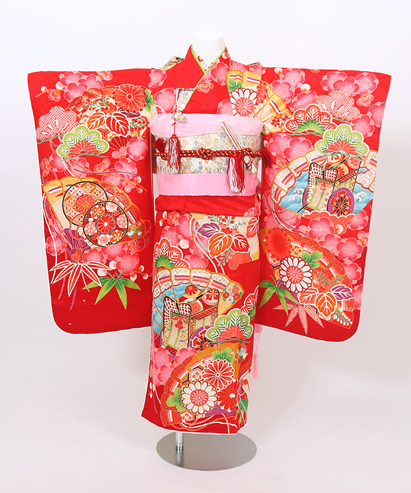 七五三(七歳) | 正絹 赤地 御所車と松竹