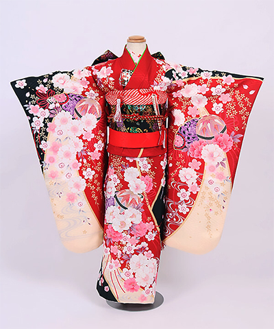 七五三(七歳) |赤地に黒と菱地紋 鞠と桜柄