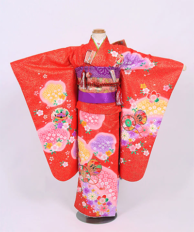 七五三(七歳) |赤地に金の霜降りと花霞