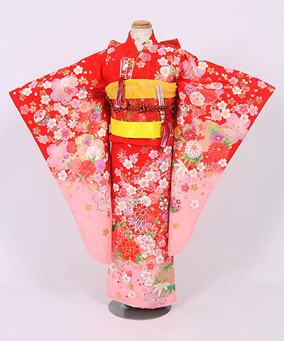 七五三(七歳) |赤地に鞠と季節の花合わせ