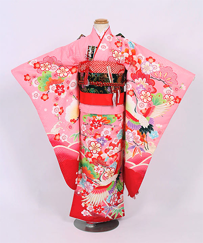 七五三(七歳) |ピンク地に鶴と松竹梅