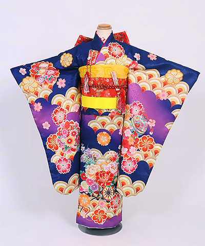 七五三(七歳) |紺と紫に波紋様と花車
