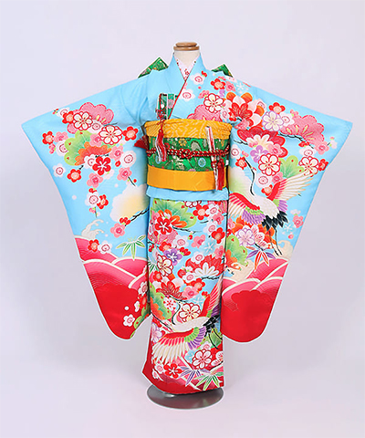 七五三(七歳) |水色地に鶴と松竹梅