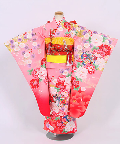 七五三(七歳) |ピンク地に流水紋と芍薬御所車