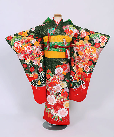 七五三(七歳) |濃緑に金の霜降りと松竹梅