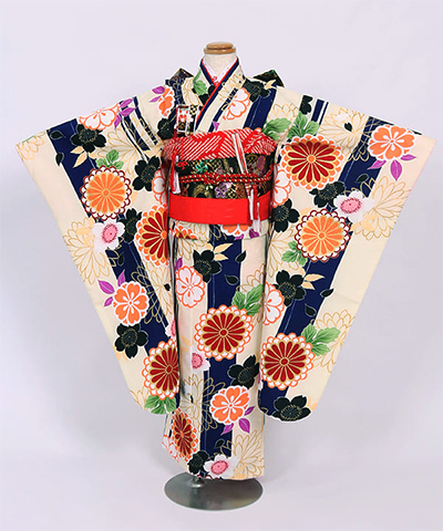 七五三(七歳) |クリームに藍色のストライプ菊と桜