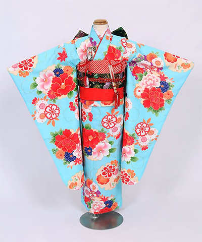 七五三(七歳) |水色地に椿と牡丹