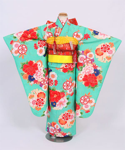 七五三(七歳) |エメラルドグリーンに椿と牡丹
