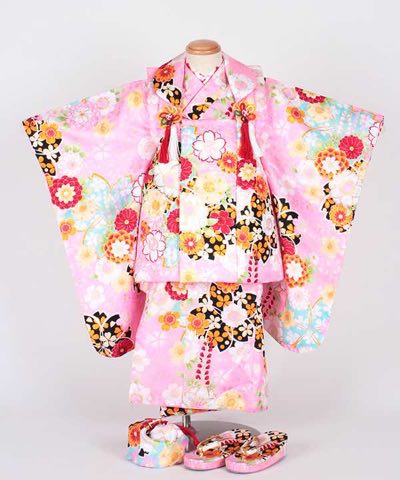七五三(三歳) | ピンク地に菊と桜 ピンク被布