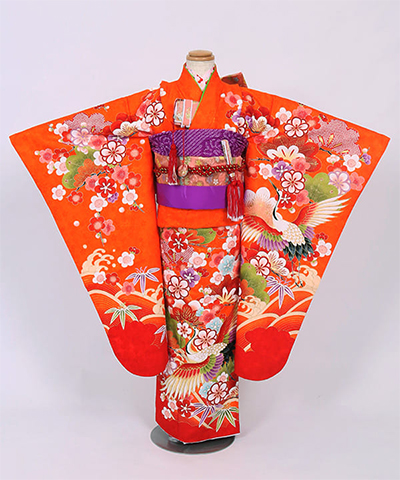 七五三(七歳) |オレンジ地に鶴と松竹梅