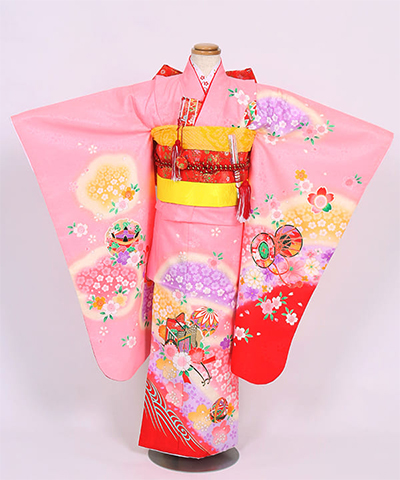 七五三(七歳) |ピンク地に桜地紋と鼓