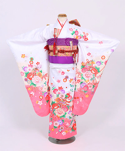 七五三(七歳) |白に桜の地紋と鞠に芍薬