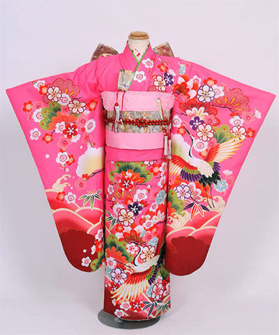 七五三(七歳) |ピンク地に鶴と松竹梅