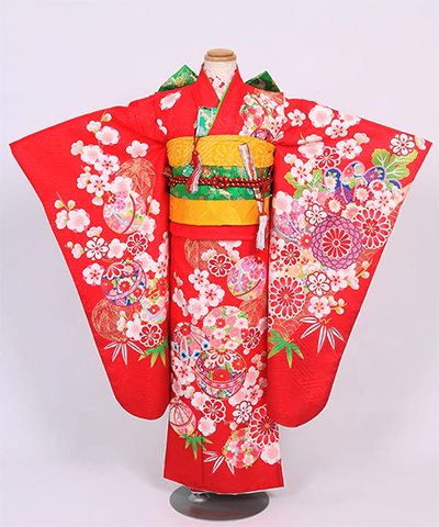 七五三(七歳) |赤地に菱地紋と鞠 花風車