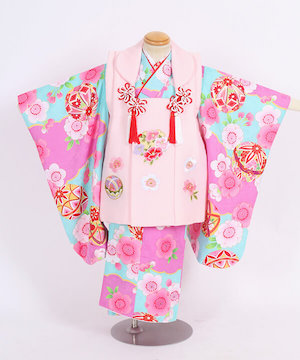 七五三(三歳)| 水色地に梅とまり