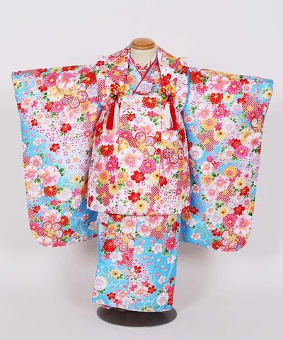 七五三(三歳) | 水色地に咲き誇る桜と菊 豪華白被布