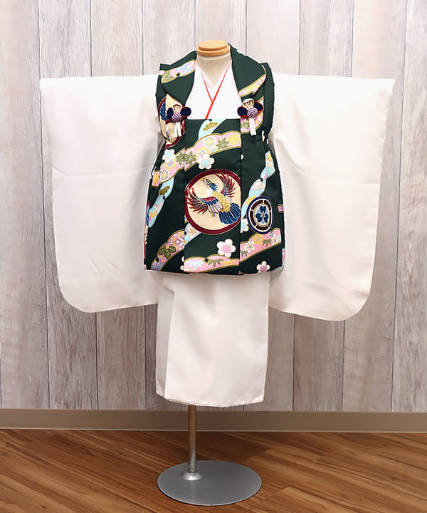 七五三（三歳男の子）| 深緑地に鷹と花紋