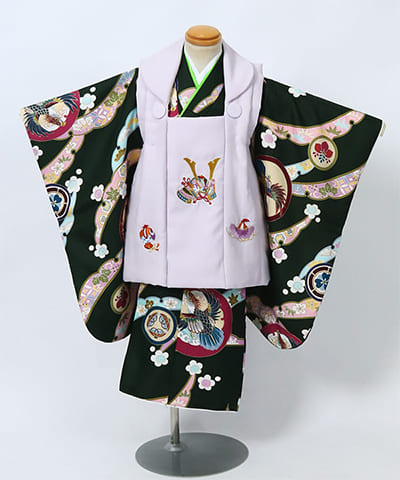 七五三（三歳男の子）| 深緑地に鷹と吉祥文様