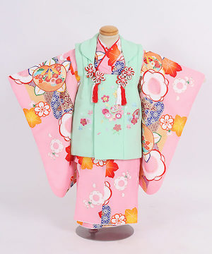 七五三(三歳)| ピンク地に扇面と花模様