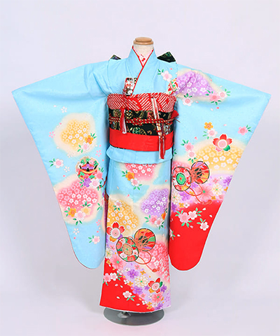 七五三(七歳) |水色に桜地紋と鼓