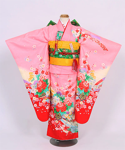 七五三(七歳) |ピンクに桜の地紋と花車 緑帯