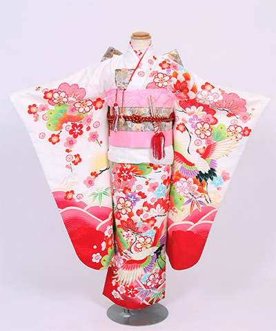 七五三(七歳) |白地に鶴と松竹梅