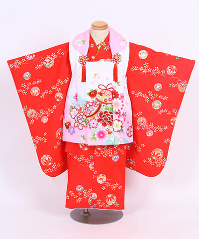 七五三(三歳) | 赤地に小さな鞠と藤 花合せの被布