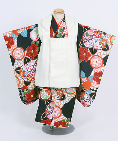 七五三(三歳)| 深緑地にまりと花模様