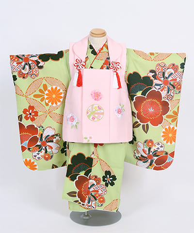 七五三(三歳) | 薄緑地に梅と花風車