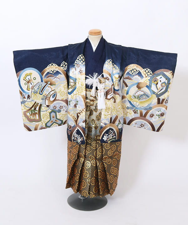 七五三(五歳) | 紺地 青海波文様と鷹 暈しの金丸紋袴