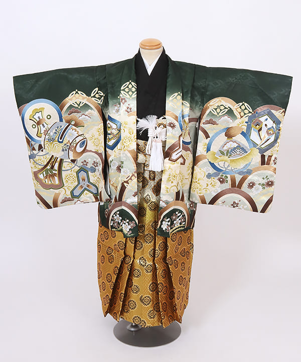 七五三(五歳) | 深緑色 青海波文様と鷹 暈しの金丸紋袴