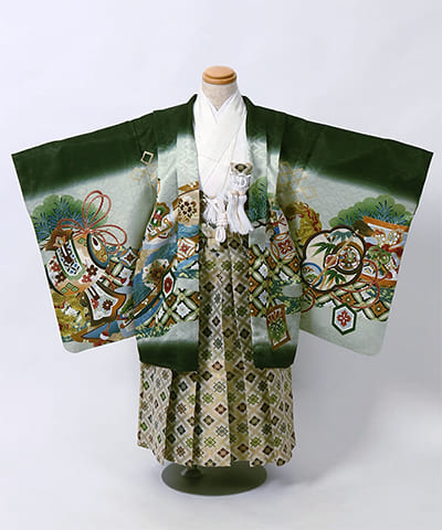 七五三(五歳) | 深緑ぼかし地に宝尽くしと松竹梅文