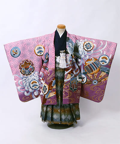 七五三(五歳)｜桃紫地に吉祥柄と鷹の勇姿