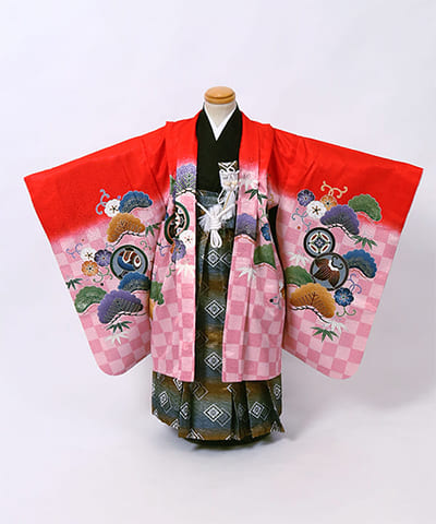 七五三(五歳) | 赤×桃地に松と宝尽くし文様