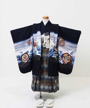 七五三(五歳) | 濃紺地に波 雪輪と亀甲 大鷹