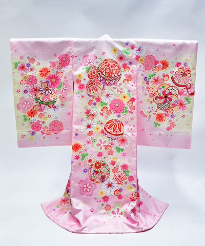 産着(お宮参り) | ピンク地に花々と鞠