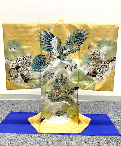 産着(お宮参り) | 鷹と龍に末広と小槌 黄土色