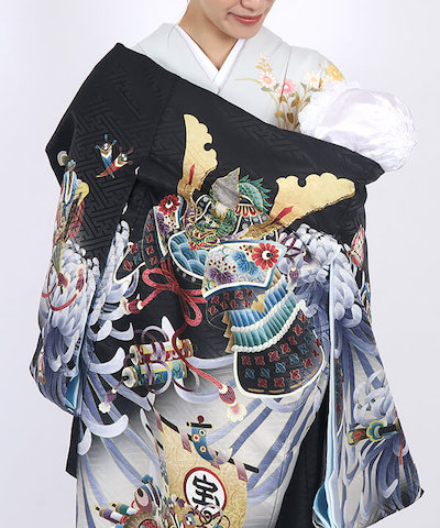 産着(お宮参り)|黒地 兜に宝船 大菊