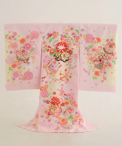 産着(お宮参り) | ピンク地に手鞠と花かご